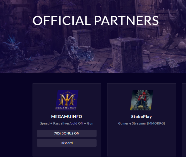 Página oficial de parceiros do MEGAMU mostrando MEGAMUINFO entre os parceiros